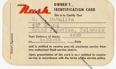 Sam McMullin's owner's identification card for his car