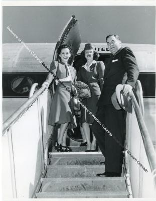 2 Flight Attendants and Pilot on United Airlines Plane Access Stairs