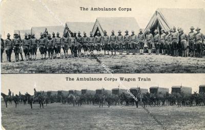 Postcard "The Ambulance Corps" and "The Ambulance Corps Wagon Train"