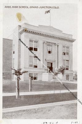 Two-sided photo depicting Grand Junction High School and Apple Trees in Bloom