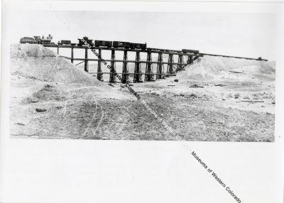 Photo of D&RG work train. Notes say The train could be on the North Fork branch near Hotchkiss, CO.