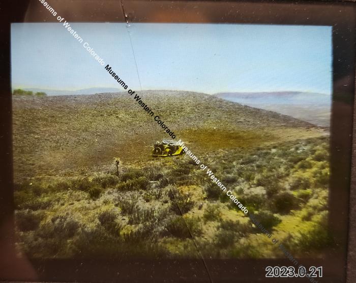 Lantern Slide Transparency of Yellow Car In Desert Hills