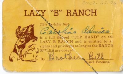 Membership card for Lazy "B" Ranch