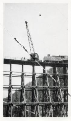 Photo and negative of railroad crane at Rock Creek trestle on the D&SLRR