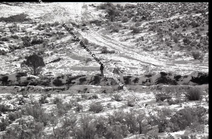 B&W photo of a wintry scene at the Crawford Ditch and person standing near ditch.