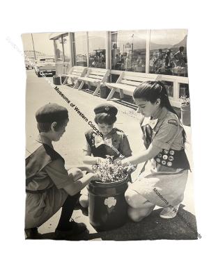 Photo of three Girl Scouts with flower pot