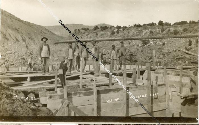 Black and white Post card photo of Price Ditch Dam Construction