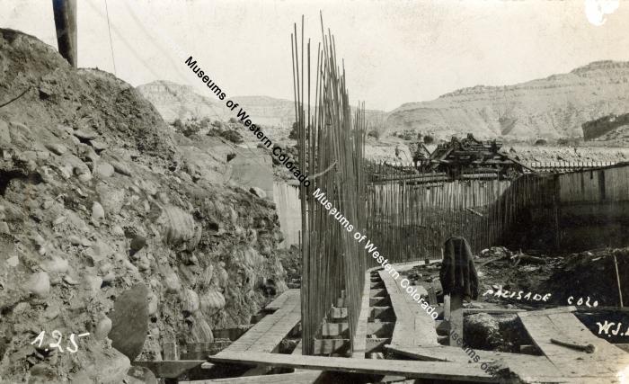 Black and white Post card photo of Price Ditch Dam Construction