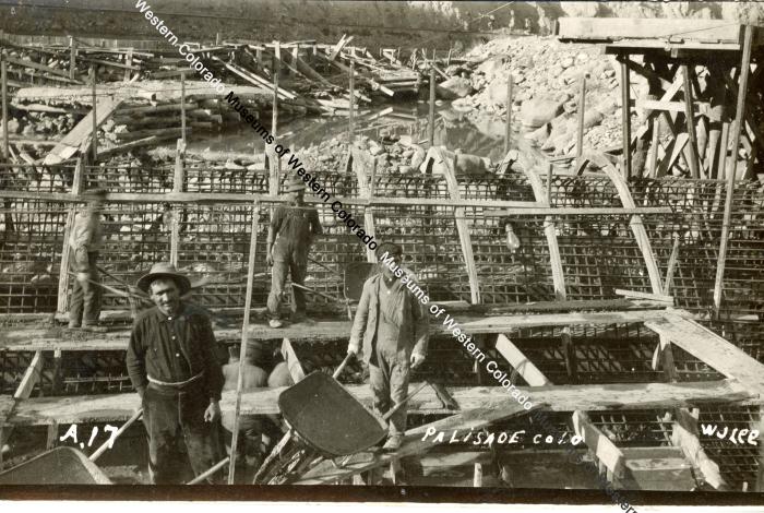 Black and white Post card photo of Price Ditch Dam Construction