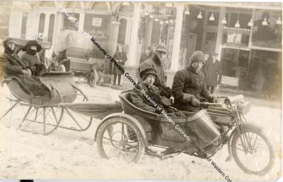Postcard of Group of People On Motorcycle and Sleigh