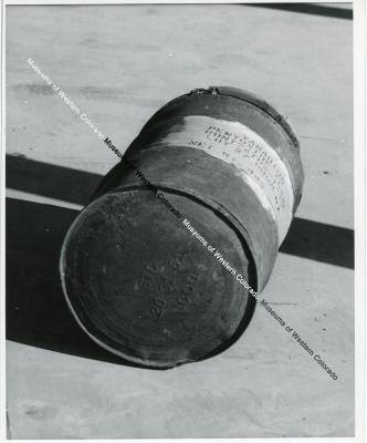 A typical old drum found to be corroded to the point it was leaking  (18 Feb 1958)