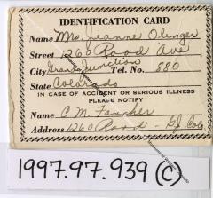 Mrs. Jeanne Olinger Emergency Identification Card (1997.97.939C)