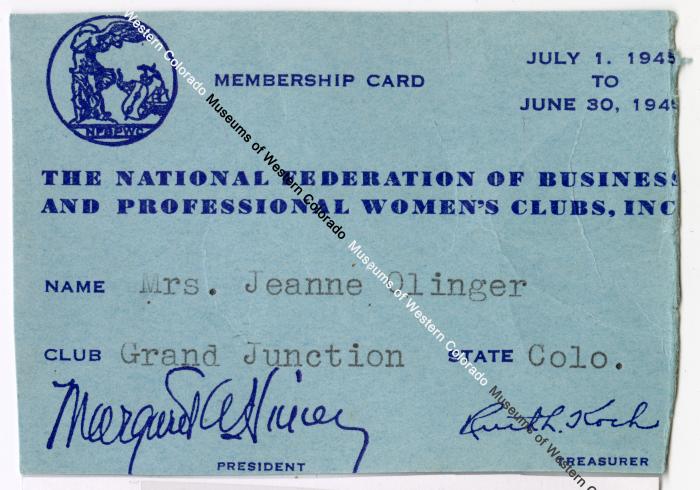 The National Federation of Business and Professional Women's Club, Inc. Membership Card