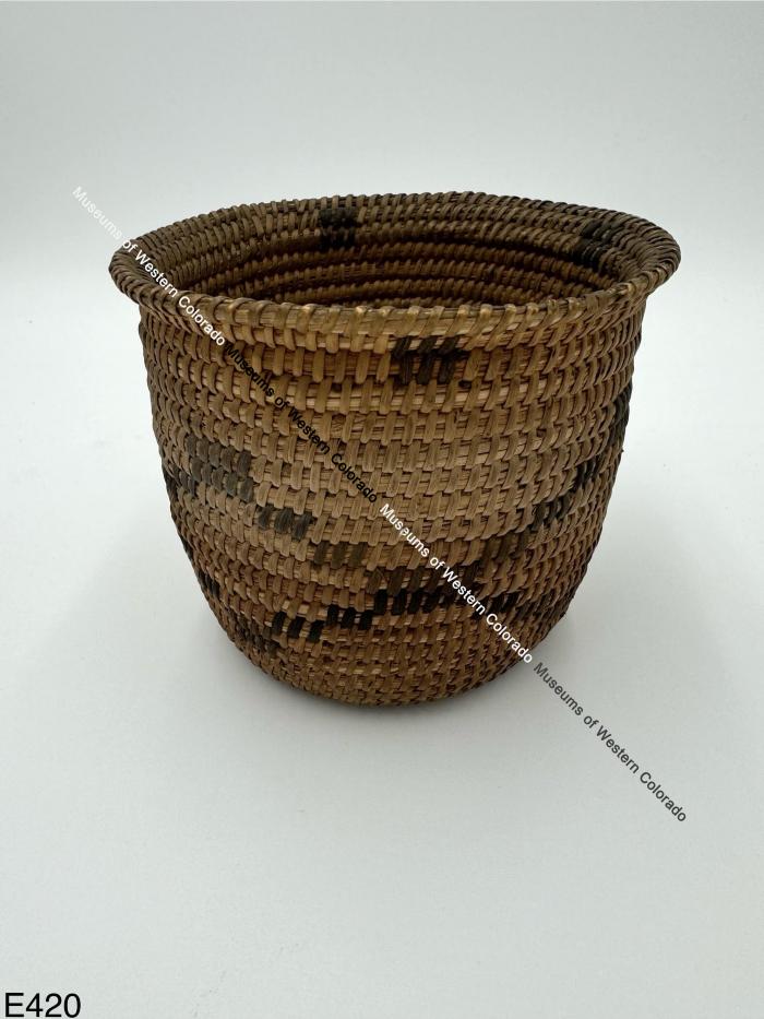 Coiled Pima Basket with Dark Brown Motifs and Flared Rim