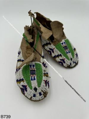 Green and White Beaded Buckskin Ute Moccasins