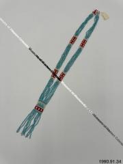 Blue Beaded Necklace with Red and White Decoration