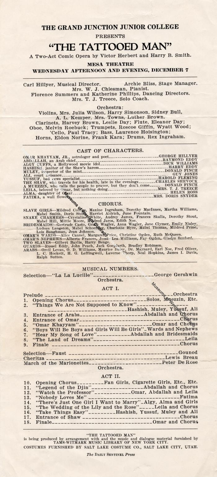 Playbill for "The Tattooed Man" by the Grand Junction Junior College